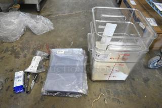 BRAND NEW SCRATCH AND DENT! Lot of 14 Various Items Including 18SFSCW135 Cambro CamSquares® Classic 18 Qt. Clear Square Polycarbonate Food Storage Container, 144242 Ateco 242 Russian Piping Tip, C-032-S Avantco 970C032S Filter Drier, 1/4" Sweat Fitting, Tongs.