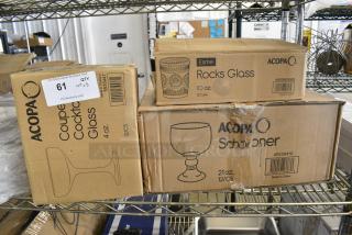 3 BRAND NEW SCRATCH AND DENT! Items Including 5535010ES Acopa Esme 10 oz. Rocks / Old Fashioned Glass - 12/Case, 5535419 Acopa 21 oz. Schooner Glass - 12/Case, 5535447 Acopa 4 oz. Coupe Cocktail Glass - 12/Case. 3 Times Your Bid!