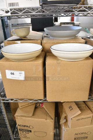 4 BRAND NEW SCRATCH AND DENT! Items Including 303EMBB11WG Acopa Embers 48 oz. Grey Matte Stoneware Pasta Bowl - 6/Case, 303EMBC12T Acopa Embers 10 oz. Harvest Tan Matte Stoneware Cup - 24/Case. 4 Times Your Bid!