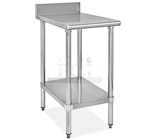3 BRAND NEW SCRATCH AND DENT! Regency 600TB3015G 30" x 15" 18-Gauge 304 Stainless Steel Equipment Filler Table with Backsplash and Galvanized Undershelf. May Be Missing Pieces. 3 Times Your Bid! - Image 1 of 3