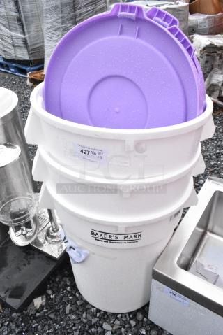 3 BRAND NEW SCRATCH AND DENT!  Bakers Mark 176IBRND32W 32 Gallon Round Ingredient Bin and 176IBRLID32P Lids. 3 Times Your Bid!