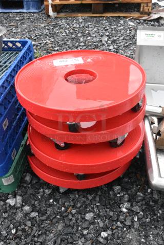 4 BRAND NEW SCRATCH AND DENT! Red Poly Trash Can Dolly on Commercial Casters. 4 Times Your Bid!