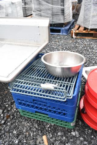 6 BRAND NEW SCRATCH AND DENT! Items Including 274RKEXT36 Noble Products 36-Compartment Green Full-Size Glass Rack Extender, TR6A-44 6  Glass Rack, 2 Poly Racks and Metal Bowl. 6 Times Your Bid!