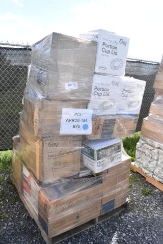 27 BRAND NEW SCRATCH AND DENT! Items Including Dart 9PWC Concorde 9" White Non-Laminated Round Foam Plate - 500/Case, MARATHON DISPENSER PAPER TOWELS, Fabri-Kal Greenware 9 oz. Compostable Clear Plastic Parfait Cup with 4 oz. Insert and Dome Lid - 100/Pack, 1 case clothes hangers, Choice 44 oz. Round Kraft PE-Lined Microwavable Take-Out Container 7 5/16" x 2 5/8" - 300/Case, Tork Advanced T2 2-Ply 751' Mini Jumbo Toilet Paper Roll with 7 1/2" Diameter - 12/Case, Ecopax 8" x 8" x 3" 3-Compartment Mineral-Filled Plastic Microwaveable Black Take-Out Container with Lid - 150/Case, Noble Products Powder-Free Disposable Clear Vinyl Gloves for Foodservice - Large - 1,000/Case, Choice Clear PET Customizable Plastic Cold Cup - 24 oz. - 600/Case, Choice 44 oz. Round Kraft PE-Lined Microwavable Take-Out Container 7 5/16" x 2 5/8" - 300/Case, Choice 9" x 6" 1-Compartment Microwaveable Black Mineral-Filled Plastic Hinged Take-Out Container - 150/Case, Choice Clear Plastic Souffle Cup / Portion Cup - 2 oz. - 2,500/Case, Tork Advanced T2 2-Ply 751' Mini Jumbo Toilet Paper Roll with 7 1/2" Diameter - 12/Case, Choice Large 16 oz. White Paper Scoop Cup - 1,000/Case, Choice 11" x 8 1/2" x 3" Microwaveable 1-Compartment Black / Clear Plastic Hinged Container - 100/Case, Choice PET Plastic Lid for 1.5 to 2.5 oz. Souffle Cup / Portion Cup - 2,500/Case. 27 Times Your Bid!