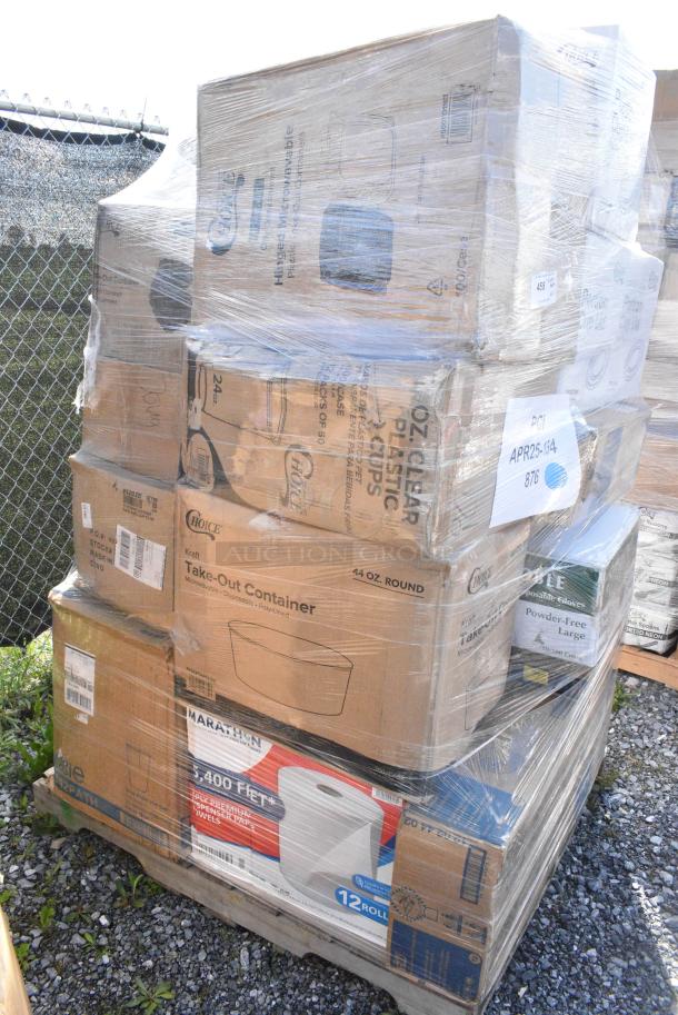 27 BRAND NEW SCRATCH AND DENT! Items Including Dart 9PWC Concorde 9" White Non-Laminated Round Foam Plate - 500/Case, MARATHON DISPENSER PAPER TOWELS, Fabri-Kal Greenware 9 oz. Compostable Clear Plastic Parfait Cup with 4 oz. Insert and Dome Lid - 100/Pack, 1 case clothes hangers, Choice 44 oz. Round Kraft PE-Lined Microwavable Take-Out Container 7 5/16" x 2 5/8" - 300/Case, Tork Advanced T2 2-Ply 751' Mini Jumbo Toilet Paper Roll with 7 1/2" Diameter - 12/Case, Ecopax 8" x 8" x 3" 3-Compartment Mineral-Filled Plastic Microwaveable Black Take-Out Container with Lid - 150/Case, Noble Products Powder-Free Disposable Clear Vinyl Gloves for Foodservice - Large - 1,000/Case, Choice Clear PET Customizable Plastic Cold Cup - 24 oz. - 600/Case, Choice 44 oz. Round Kraft PE-Lined Microwavable Take-Out Container 7 5/16" x 2 5/8" - 300/Case, Choice 9" x 6" 1-Compartment Microwaveable Black Mineral-Filled Plastic Hinged Take-Out Container - 150/Case, Choice Clear Plastic Souffle Cup / Portion Cup - 2 oz. - 2,500/Case, Tork Advanced T2 2-Ply 751' Mini Jumbo Toilet Paper Roll with 7 1/2" Diameter - 12/Case, Choice Large 16 oz. White Paper Scoop Cup - 1,000/Case, Choice 11" x 8 1/2" x 3" Microwaveable 1-Compartment Black / Clear Plastic Hinged Container - 100/Case, Choice PET Plastic Lid for 1.5 to 2.5 oz. Souffle Cup / Portion Cup - 2,500/Case. 27 Times Your Bid! - Image 2 of 5