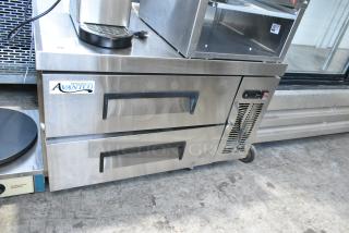 BRAND NEW SCRATCH AND DENT! 2025 Avantco CBE-36-HC Stainless Steel 36" 2 Drawer Refrigerated Chef Base on Commercial Casters. 115 Volts, 1 Phase.