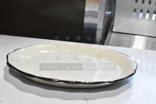 3 BRAND NEW SCRATCH AND DENT! Box of 3 Acopa White Ceramic Oval Plates w/ Black Scalloped Rim. 3 Times Your Bid!