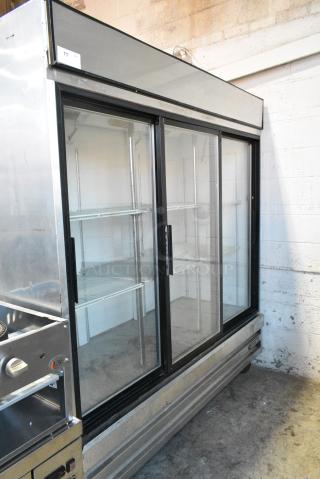 Beverage Air MT75 Metal Commercial 3 Door Reach In Cooler Merchandiser w/ Poly Coated Racks on Commercial Casters. 115 Volts, 1 Phase.