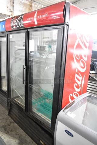 True GDM-49EM Metal Commercial 2 Door Reach In Cooler Merchandiser w/ Poly Coated Racks. 115 Volts, 1 Phase.