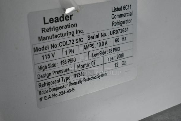 Leader CDL72 S/C Metal Commercial Floor Style Deli Display Case Merchandiser w/ Top Dry Case. 115 Volts, 1 Phase. Tested and Powers On But Does Not Get Cold - Image 10 of 10