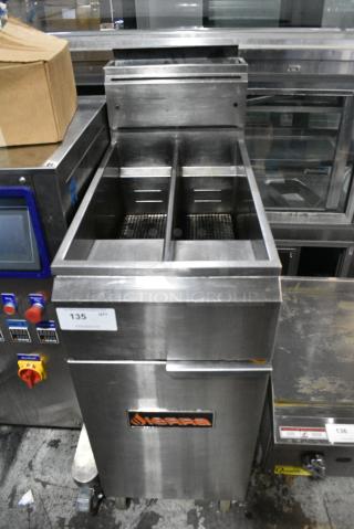 Sierra Stainless Steel Commercial Floor Style Natural Gas Powered Deep Fat Fryer on Commercial Casters.