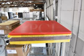 7 BRAND NEW SCRATCH AND DENT! Items Including 3 40724185YL Choice 24" x 18" x 1/2" Yellow Polyethylene Cutting Board, 3 40724185BR Choice 24" x 18" x 1/2" Brown Polyethylene Cutting Board, 40724185RD Choice 24" x 18" x 1/2" Red Polyethylene Cutting Board. 7 Times Your Bid!