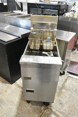 2017 Pitco Frialator SG14 Stainless Steel Commercial Floor Style Natural Gas Powered Deep Fat Fryer w/ 2 Metal Fry Baskets on Commercial Casters. 110,000 BTU.