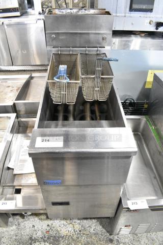 2017 Pitco Frialator SG14 Stainless Steel Commercial Floor Style Natural Gas Powered Deep Fat Fryer w/ 2 Metal Fry Baskets on Commercial Casters. 110,000 BTU.