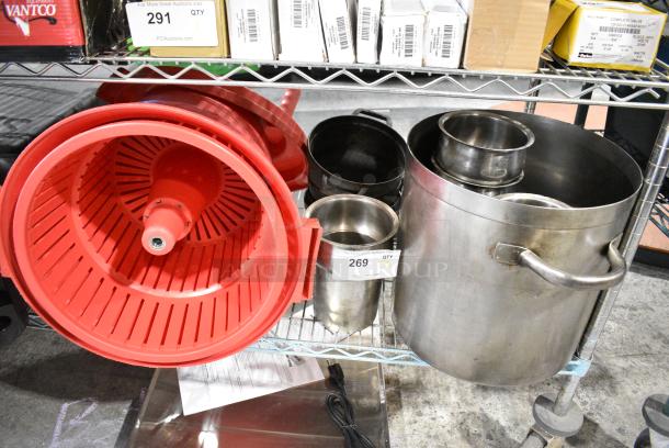 ALL ONE MONEY! Tier Lot of Various Items Including Metal Stock Pot, Cylindrical Drop In Bins and Red Poly Salad Spinner. - Image 1 of 6