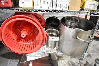 ALL ONE MONEY! Tier Lot of Various Items Including Metal Stock Pot, Cylindrical Drop In Bins and Red Poly Salad Spinner.