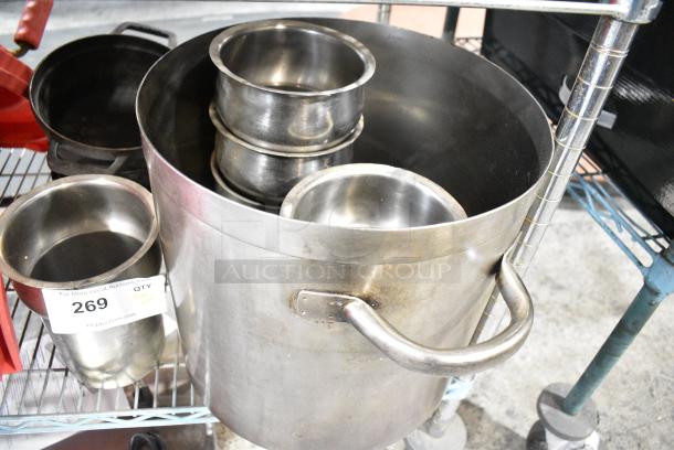 ALL ONE MONEY! Tier Lot of Various Items Including Metal Stock Pot, Cylindrical Drop In Bins and Red Poly Salad Spinner. - Image 2 of 6