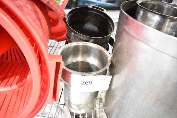 ALL ONE MONEY! Tier Lot of Various Items Including Metal Stock Pot, Cylindrical Drop In Bins and Red Poly Salad Spinner. - Image 3 of 6