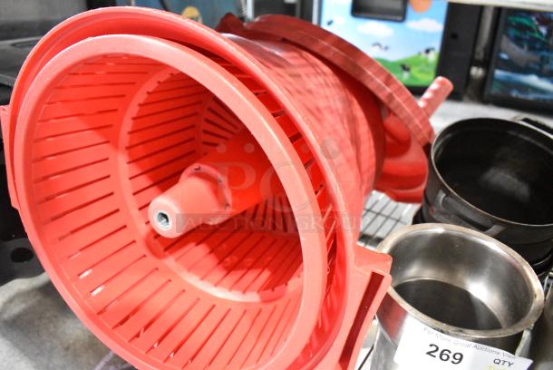 ALL ONE MONEY! Tier Lot of Various Items Including Metal Stock Pot, Cylindrical Drop In Bins and Red Poly Salad Spinner. - Image 4 of 6