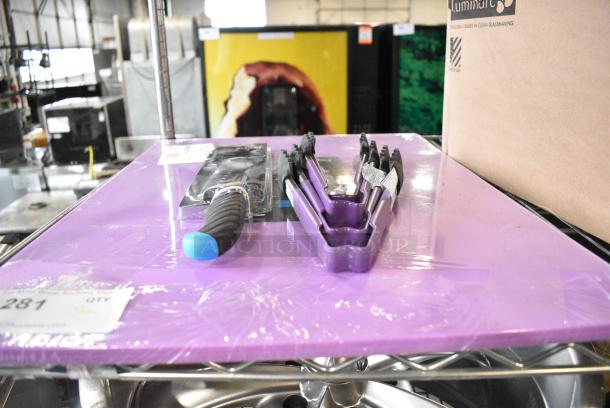 6 BRAND NEW SCRATCH AND DENT! Items Including 40724185PL Choice 24" x 18" x 1/2" Purple Polyethylene Cutting Board, Knife, Tongs. 6 Times Your Bid! - Image 1 of 2