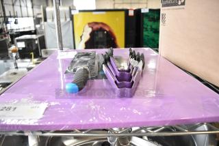 6 BRAND NEW SCRATCH AND DENT! Items Including 40724185PL Choice 24" x 18" x 1/2" Purple Polyethylene Cutting Board, Knife, Tongs. 6 Times Your Bid!