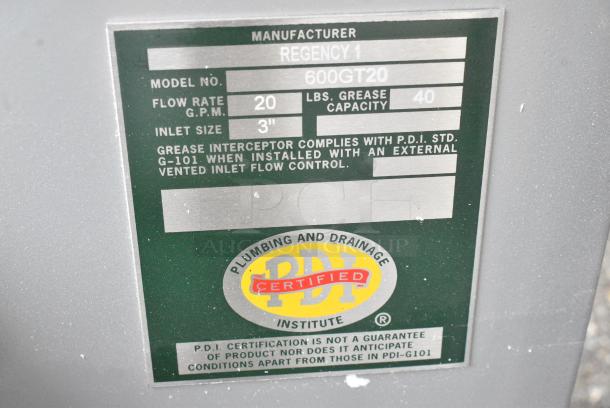 BRAND NEW SCRATCH AND DENT! Regency 600GT20 40 lb. 20 GPM Grease Trap with 3" Non-Threaded Connections - Image 4 of 4