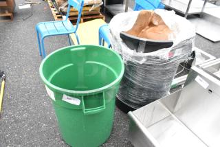 2 BRAND NEW SCRATCH AND DENT! Items Including 475RB32GNREC Lavex 32 Gallon Green Round Commercial Recycling Can and 475TCRND55BK Lavex 55 Gallon Black Round Commercial Trash Can. 2 Times Your Bid!