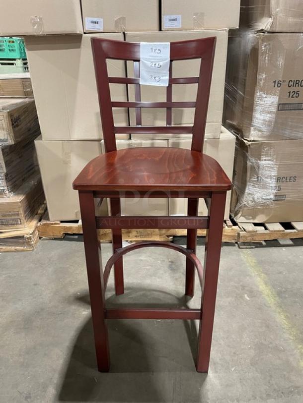 BRAND NEW!  Checker Back Style Bar Height Chairs! All Welded Metal Frame! With Rich Mahagony Wood Finish Seat Top!  5X Your Bid! - Image 1 of 7
