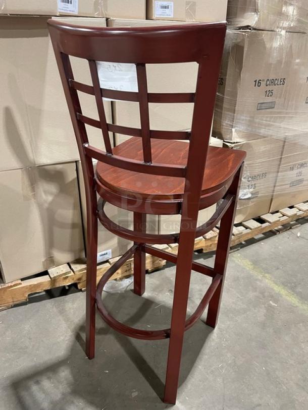 BRAND NEW!  Checker Back Style Bar Height Chairs! All Welded Metal Frame! With Rich Mahagony Wood Finish Seat Top!  5X Your Bid! - Image 3 of 7