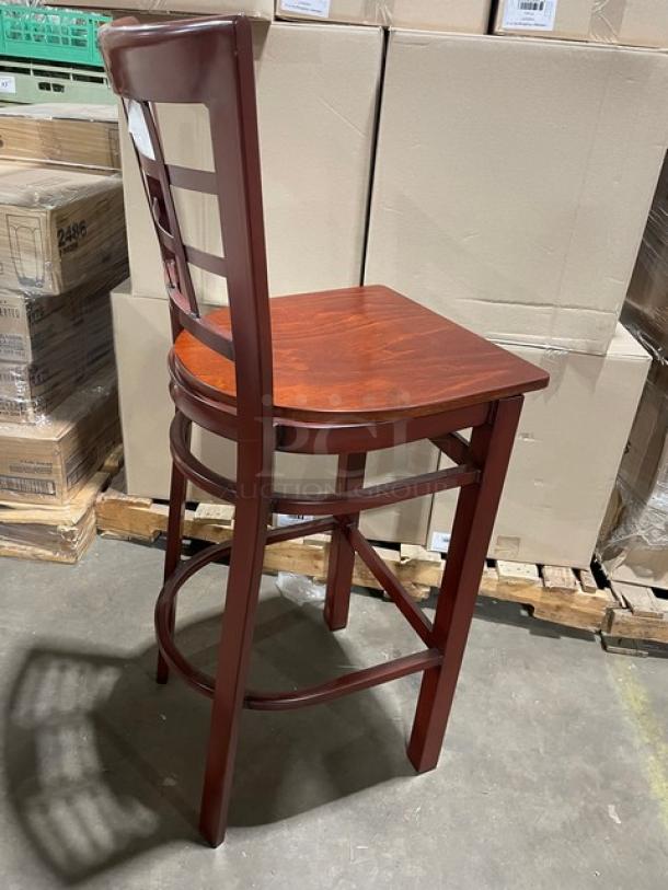 BRAND NEW!  Checker Back Style Bar Height Chairs! All Welded Metal Frame! With Rich Mahagony Wood Finish Seat Top!  5X Your Bid! - Image 4 of 7