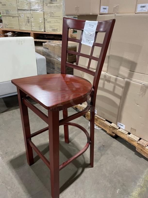BRAND NEW!  Checker Back Style Bar Height Chairs! All Welded Metal Frame! With Rich Mahagony Wood Finish Seat Top!  3X Your Bid! - Image 2 of 7