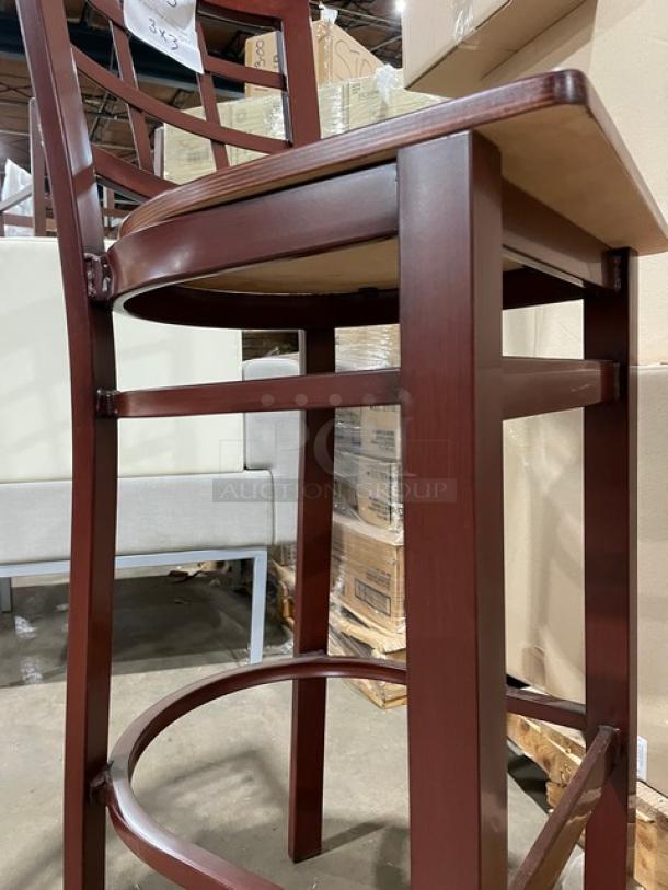 BRAND NEW!  Checker Back Style Bar Height Chairs! All Welded Metal Frame! With Rich Mahagony Wood Finish Seat Top!  3X Your Bid! - Image 6 of 7