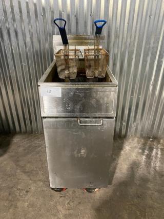 Frymaster Commercial Stainless Steel Natural Gas Powered Deep Fat Fryer! With Back Splash & Basket Hanger! With Frying Baskets! Model: GF14SD SN: 0003FM0962! On Casters!