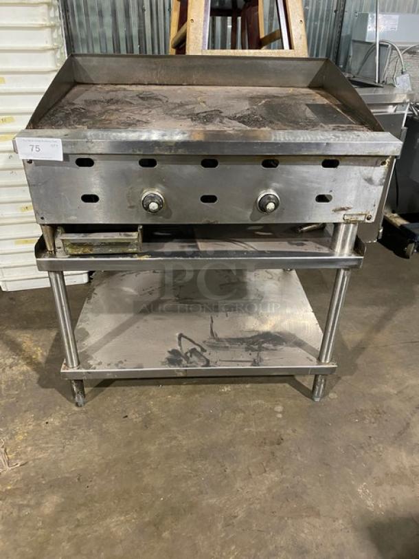 Commercial Stainless Steel Natural Gas Powered Countertop Flat Griddle! With Back & Side Splash! With Single Shelf Equipment Stand! On Legs! ALL ONE MONEY! - Image 1 of 10