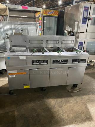 FryMaster Commercial Stainless Steel Natural Gas Powered Triple Bay Deep Fat Fryer System! With Left Side Dump Station! With back Splash & Basket Hangers! With Frying Baskets! Model: FMPH355CSC SN: 1903IJ0002! 110-120V 1 Phase! On Casters!