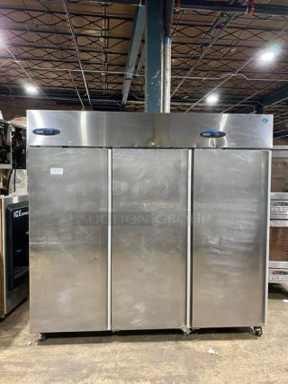 Hoshizaki Commercial Stainless Steel Solid 3 Door Upright Triple Section Reach In Refrigerator! With Poly Coated Wire Racks! Model: CR3S-FSCL SN: F70019J! 115V 1 Phase! On Casters!
