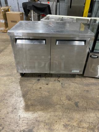 Green World Commercial Stainless Steel 2 Door Undercounter Worktop Refrigerator! With Poly Coated Wire Racks! Model: GSP-48D SN: WSR4909013! 115V 1 Phase! On Casters!