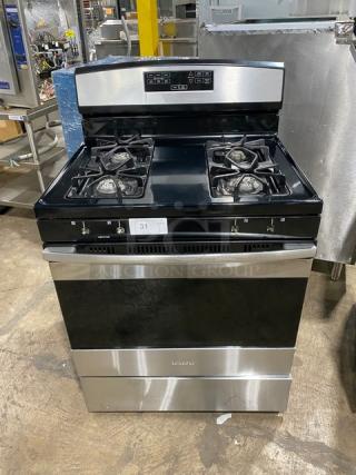 Amana Commercial Stainless Steel/Black Coated Natural Gas Powered 4 Burner Range/Oven Combo! With Digital Push Controls! With Wired Oven Rack!