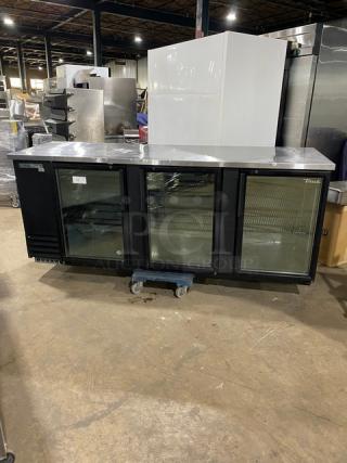 True Commercial Black Powder Coated Triple Glass Door Back Bar Refrigerator! With Stainless Steel Worktop! With Poly Coated Wire Racks! Model: TBB-4G-HC-LD SN: 9168982! 115V 1 Phase!