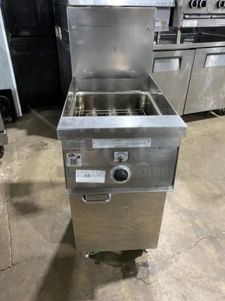 Keating Commercial Stainless Steel Natural Gas Powered Instant Recovery Deep Fat Fryer! With Thermostatic Control! Woth Back Splash! Model: 14AA SN: FG46462! On Casters!