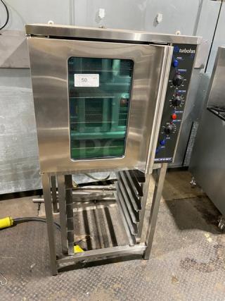 Moffat TurboFan-32 Series Commercial Stainless Steel Electric Powered Single Stacked Roast-N-Hold Convection Oven! With Roast-N-Hold & Water Steam Injection! With Thermostatic Controls! Model: E32MS SN: 19196! 208V! With Pan-Holding Equipment Stand! On Legs!