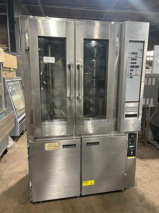Hobart Commercial Stainless Steel Natural Gas Powered Mini Rotating Rack Oven/Hobart Electric Powered 2 Door Proofer Cabinet Combo! With Digital Controls! With Built-In Pan Holding Racks! Model: HO300G/HPC800 SN: 24-1049044! 120V 1 Phase! On Legs! ALL ONE MONEY!
