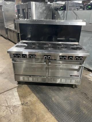 Garland Sentry Series Commercial Stainless Steel Electric Powered 10-Burner Range/Double Oven Combo! With Back Splash & Overhead Salamander Shelf! With Wired Oven Racks! Model: S684 SN: 0404RE0062! 208V 3 Phase! On Casters! - Item #1184119