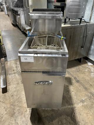 Imperial Commercial Stainless Steel Natural Gas Powered 50 Lb. Deep Fat Tube Fryer! With Back Splash & Basket Hanger! With Frying Baskets! Model: IFS-50 SN: 08333113! On Legs!