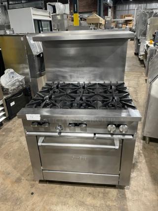 SunFire Commercial Stainless Steel Natural Gas Powered 6 Burner Range/Oven Combo! With Back Splash & Overhead Salamander Shelf! With Wired Oven Rack! On Casters! - Item #1184184