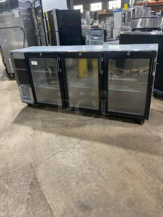 Krowne Commercial Black Triple Glass Door Refrigerated Back Bar Storage Cabinet! With Stainless Steel Interior & Poly Coated Wire Racks! Model: BS84L-GNB-LLL SN: 0011433! 115V 1 Phase! On Casters!