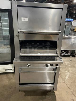 Garland Commercial Stainless Steel Natural Gas Powered Heavy-Duty Upright Deck-Style Infrared Broiler/Oven Combo! With Enclosed Overhead Finishing Oven/Cheese Melter! With Wired Oven Racks! On Legs!