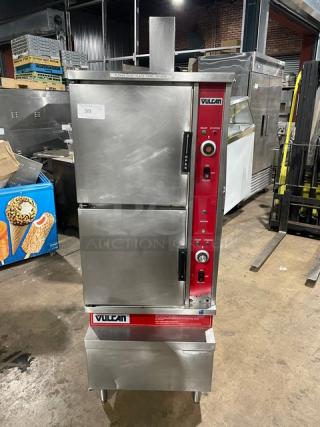 Vulcan-Hart Commercial Stainless Steel Natural Gas Powered Dual Compartment Convection Steamer! With Individual Controls! With Built In Pan Holding Racks! Model: VSX10GC SN: AP-1043767-9Z-4731! 120V 1 Phase! On Legs!