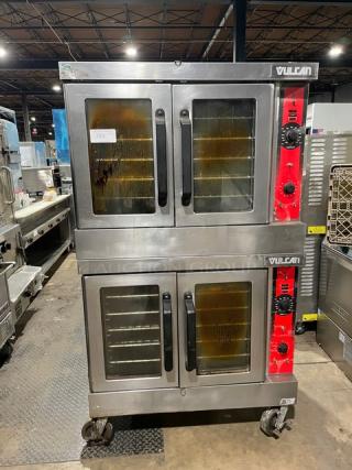 Vulcan Commercial Stainless Steel Natural Gas Powered Double Stacked Convection Oven! With Thermostatic Controls! With Wired Oven Racks! Model: VC4GD-11D1 SN: 54-1075986/54-1075987! On Casters! 2X Your Bid Makes One Unit!