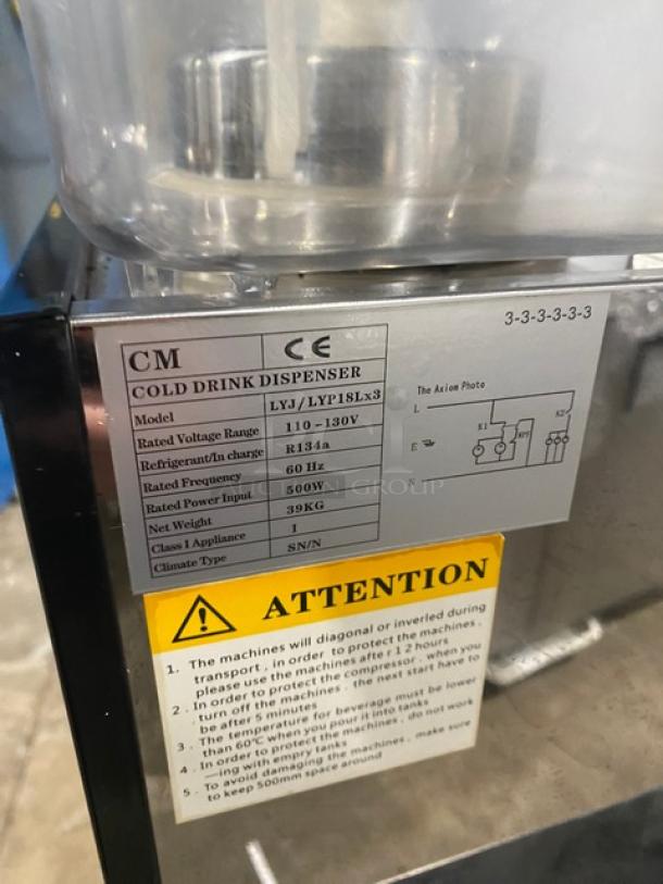 Cecilware Commercial Stainless Steel Electric Powered Countertop Refrigerated Triple Cold Beverage/Juice Dispenser Machine! With Three 18 L. Clear Polycarbonate Hoppers! Model: LYJ/LYP18Lx3! 110-130V! - Image 8 of 10